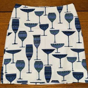 Talbots White A-Line Skirt with Blue and Green Wine and Martini Glass Pattern